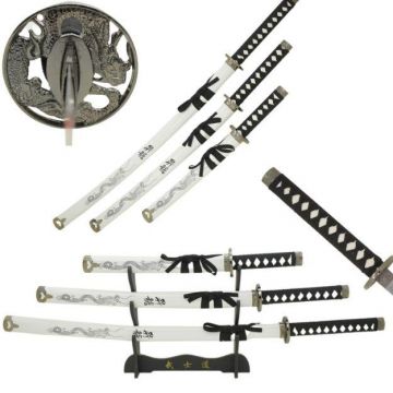 3 Pcs White Dragon Samurai Sword Set W/ Stand